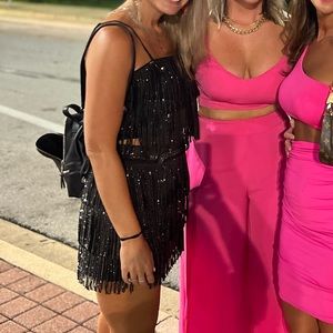 Two piece size small black glitter fringe outfit